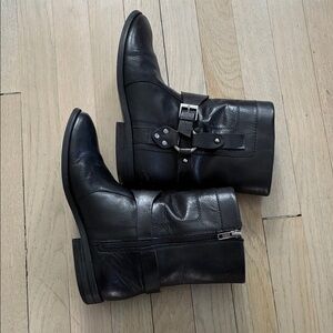Marc Fisher Black Leather Mid-Calf Buckle Heeled Boots